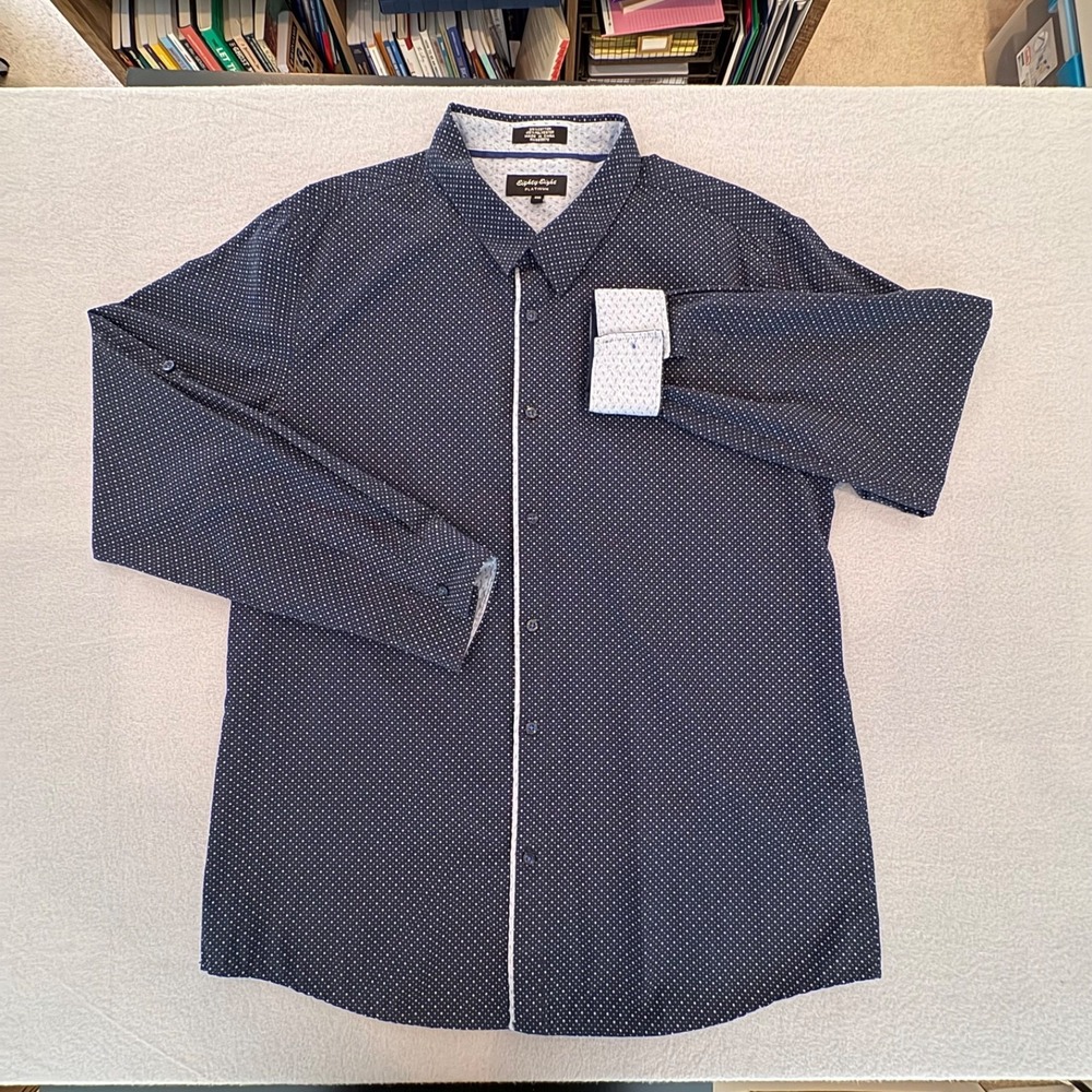 Eighty Eight Platinum Mens XXL Dress Shirt Navy Blue White Polka Dot Long Sleeve - Picture 2 of 12